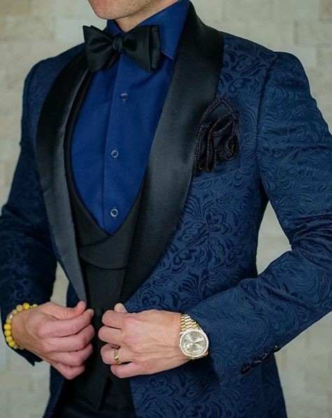 

Men's Suits & Blazers Men Navy Blue Pattern And Black Groom Tuxedos Shawl Satin Lapel Groomsmen Wedding Man( Jacket+Pants+Vest+Tie ) C773, Same picture