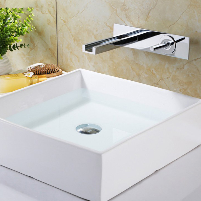 

Bathroom Waterfall Brass Basin Sink Faucets Concealed Hot and Cold Water mixer taps Single Handle Wall Mounted Tap 12-005
