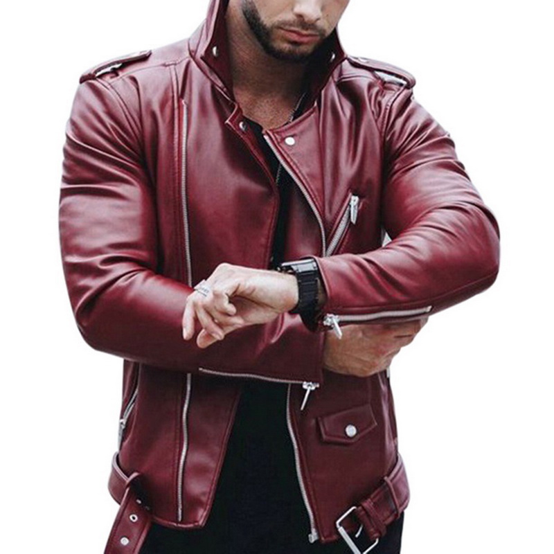 

Mens Leather Autumn Winter Casual Zipper PU Leather Jacket Red Black Plus size Motorcycle Faux Jacket Men Slim Fit Streetwear