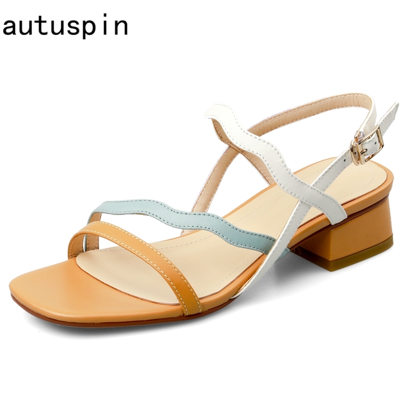 

autuspin Women Casual Sandals Summer Female Genuine Leather Buckle Thick High Heels 2020 Mixed Colors Party Dancing Shoes Woman, Purple