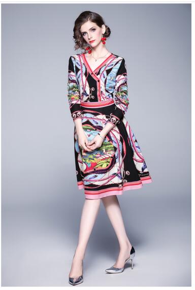 

Women's Vintage V-Neck Exquisite Abstract Print Long Sleeve Dress, As the picture
