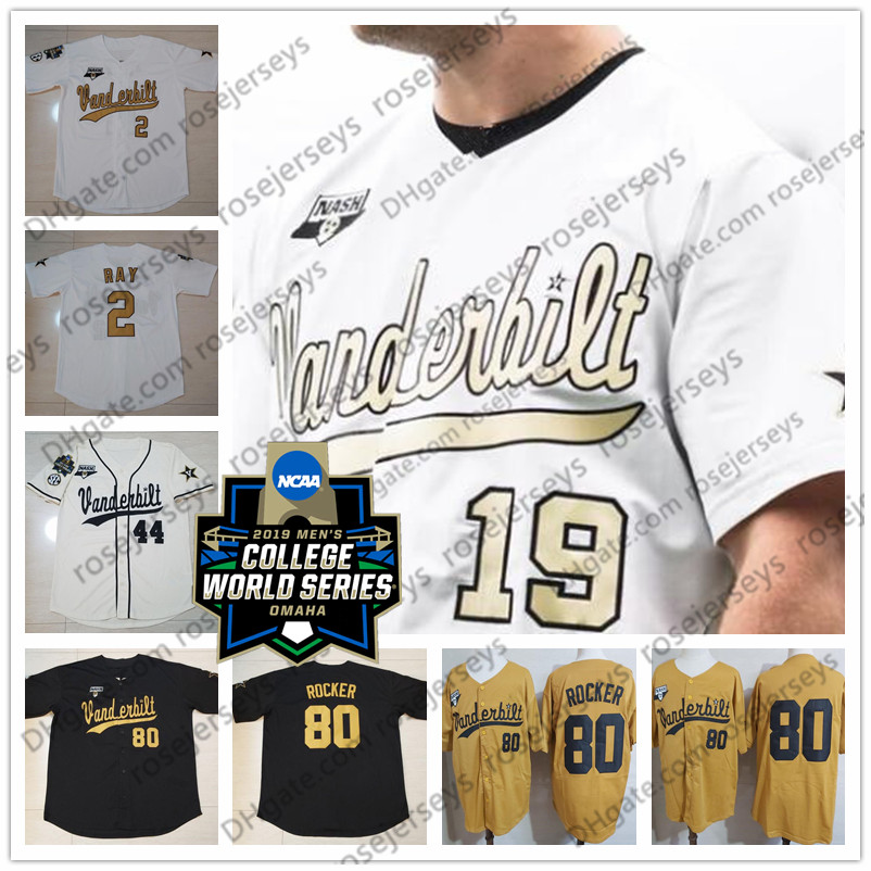 

2019 CWS Vanderbilt Commodores 18 Pat DeMarco 29 Patrick Raby 80 Kumar Rocker 99 Jayson Gonzalez Gold Black Cream White NCAA Baseball Jersey, White with gold