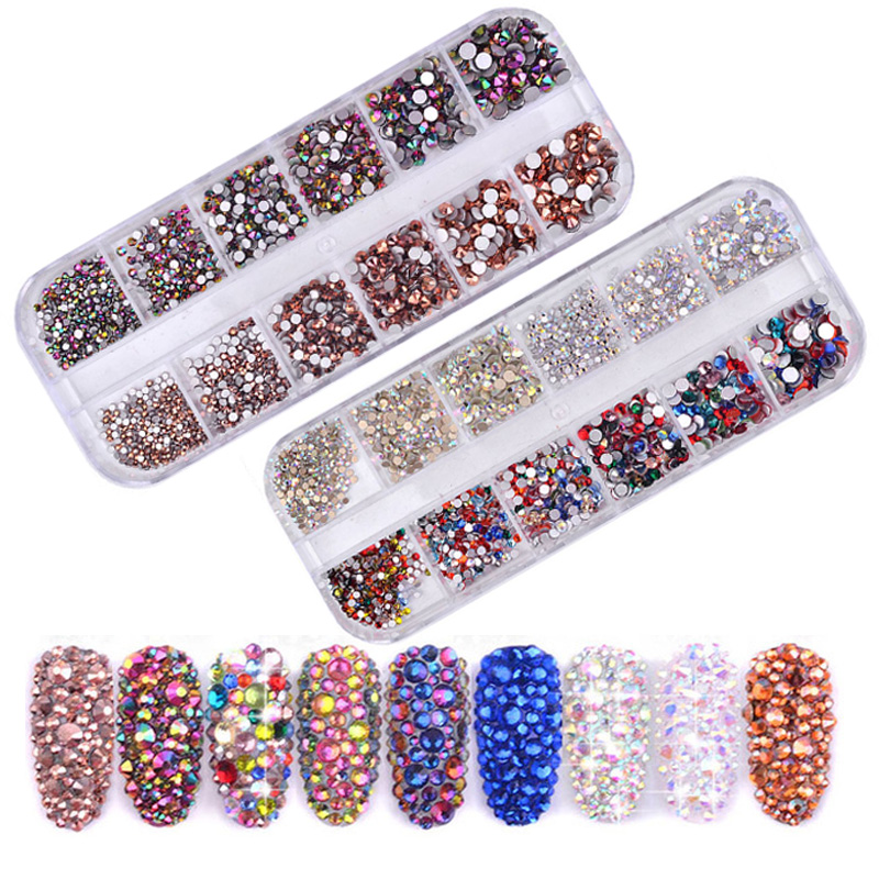 

Multi Size 1Box Glass Nail Rhinestones Mixed Colors Flat-back AB Crystal Strass 3D Charm Gems DIY Manicure Nail Art Decorations