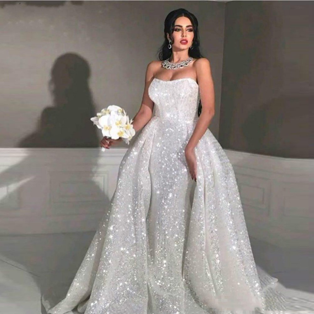 

2020 glaring sequined Mermaid Arabic Wedding Dresses with Detachable Train Sweetheart Full Sequins Plus Size Overskirt Bridal Gowns, Khaki