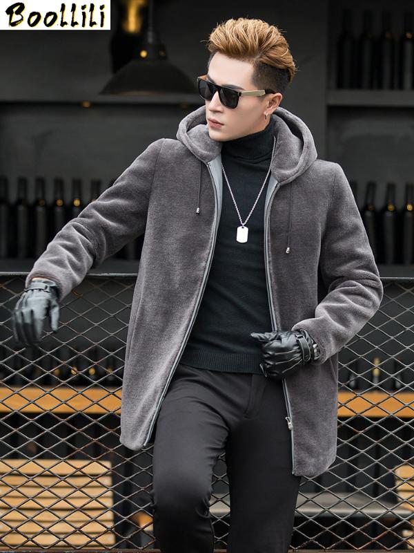 

Boollili Natural Sheep Shearling Fur Coat Hooded Long Jackets Winter Jacket Men 100%Wool Fur Coat Plus Size, Black