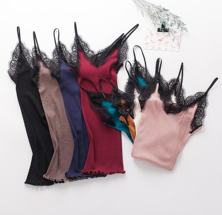 

30% Silk 70% Viscose Knit Lace Camisole Top Vest Sleepwear Spaghetti Strap SS001, Black