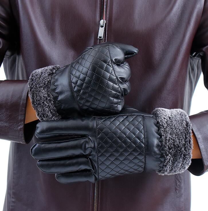

Winter Pu Plush warm Plaid men's windproof gloves outdoor cycling leather cold proof touch screen gloves