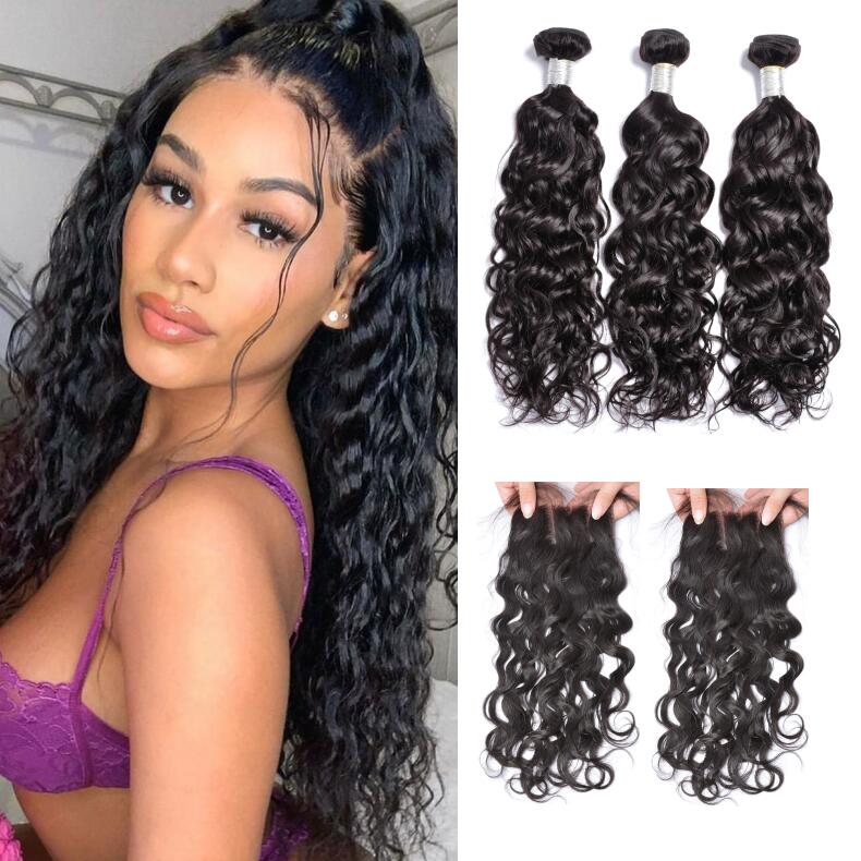 

9a Virgin Brazilian Water W Wet and Wavy Human Hair Weave Bundles With Lace Closure Water Wave Bundle Weaves, Natural color