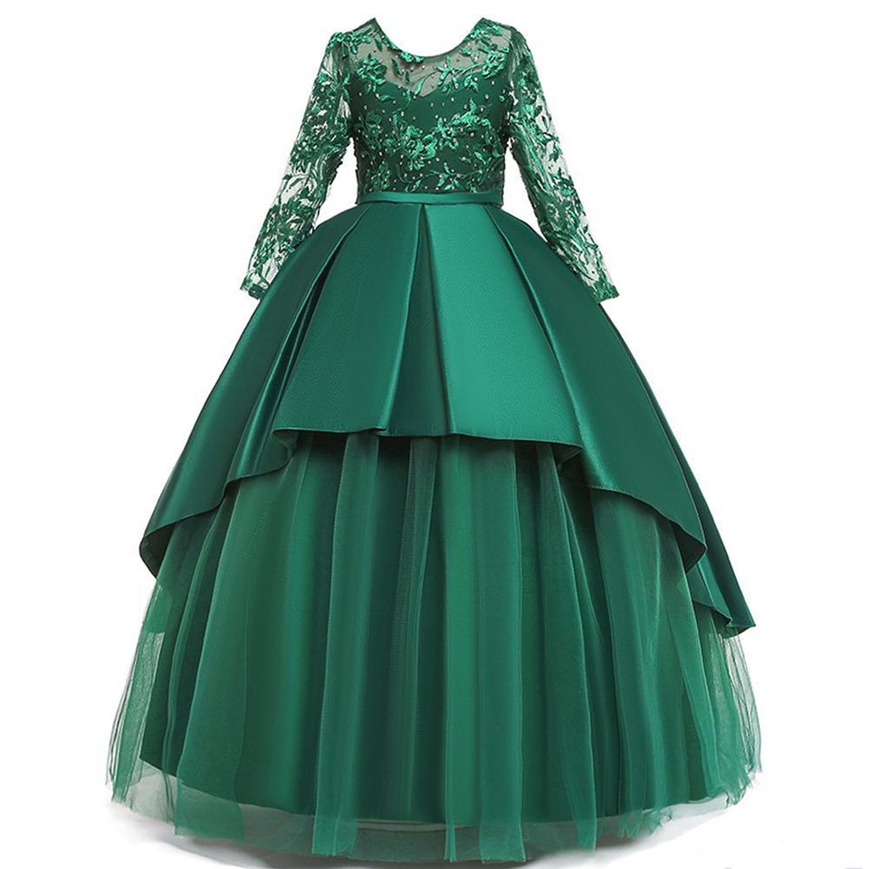 Robe de bal princesse pour petites filles, robe de soirée d'anniversaire, manches longues, en dentelle perlée, à fleurs, robes de concours pour t