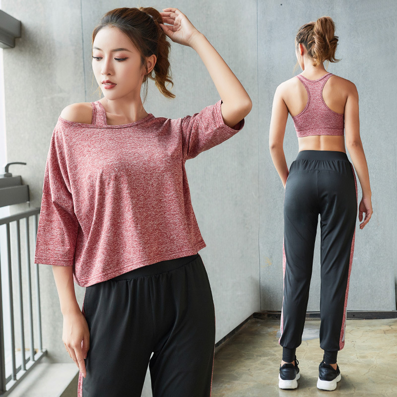 

Women Yoga Set 3 Piece Tshirt Sport Bra Pant Femme Running Sports Wear Workout Clothes Quick Dry Tracksuits Fitness Gym Clothing, Red