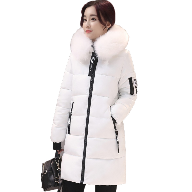 

2017 New Large Fur Collar Winter Coats Women Letter Slim Thick Warm Cotton Parkas Medium-long Hood Casaco Feminino Inverno, Black