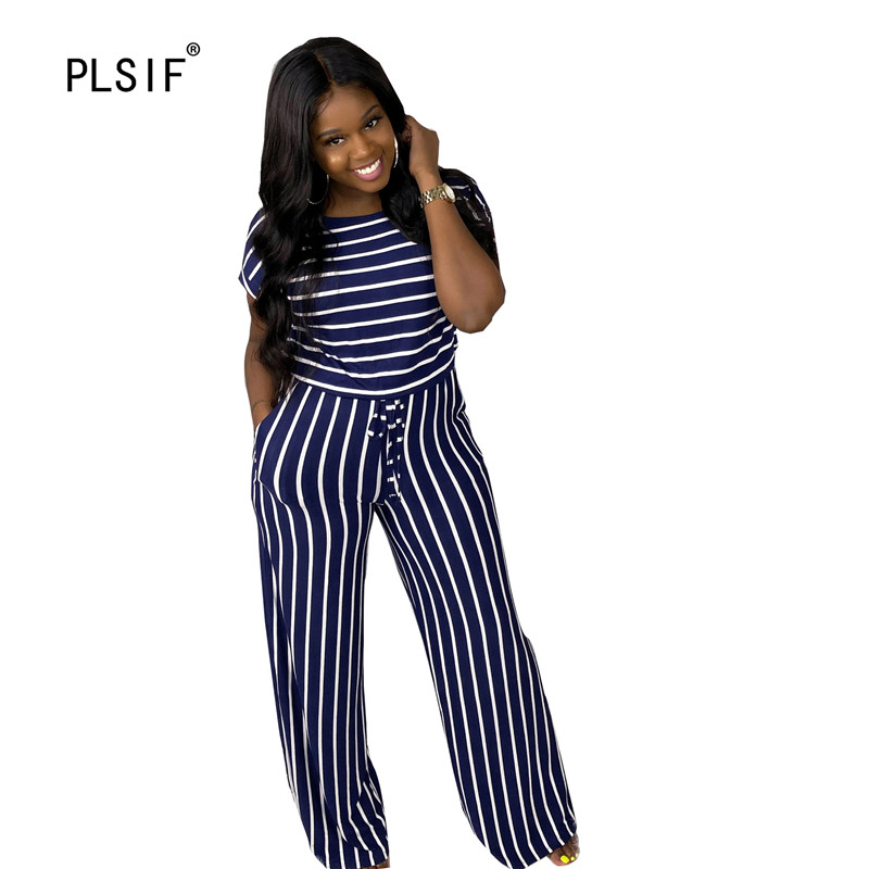 

Hot sale casual fashion striped lady jumpsuits short sleeve summer rompers high waist wide leg pants leisure jumpsuits, Black