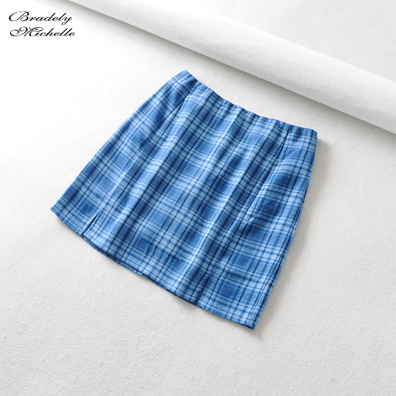 

BRADELY MICHELLE Women' Streetwear Slim Blue A-line Tartan Skirt Zipper High-waist Plaid Split Mini Skirts
