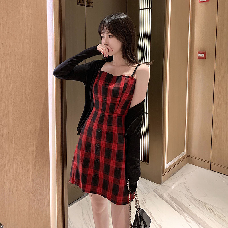 

Summer Dress Women Sexy High Waist Single-breasted Plaid Dresses 2020 Gothic Girl Style Spaghetti Strap Sleeveless Vestidos, Red