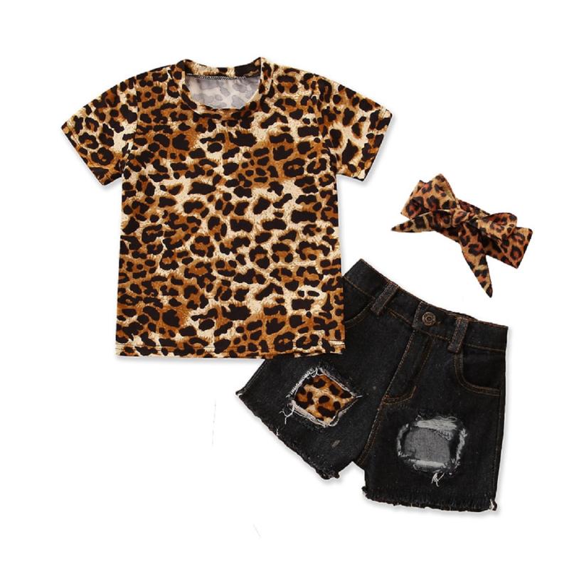 

1-5 Y Baby Girls 3pcs sunsuit Short Sleeve Leopard tee Tops Denim Hole Jeans Shorts Headband Set Kids Girls Summer Clothes Set, Black