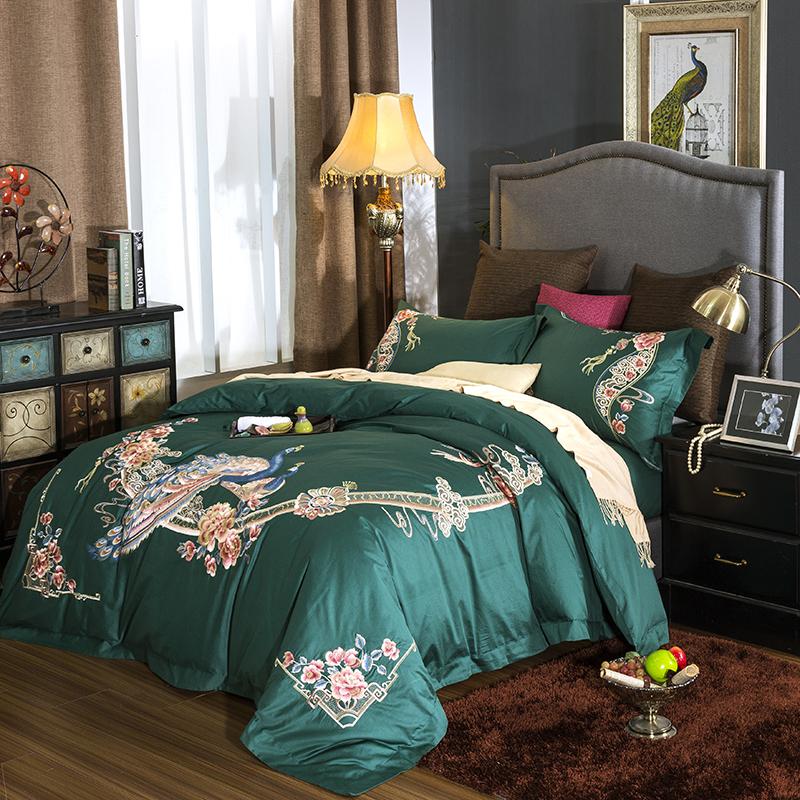 

34 Egyptian Cotton Oriental Peacock Embroidery Bedding Set Green Pink Duvet Cover Bed sheet Bed Linen Pillowcases 4pcs