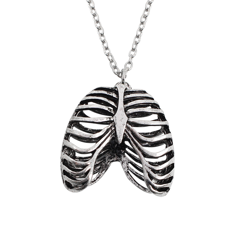 

Vintage Silver Metal Bone Necklace Human Rib Cage Anatomy Statement Pendants Necklaces Skull Jewelry Colar Drop Shipping