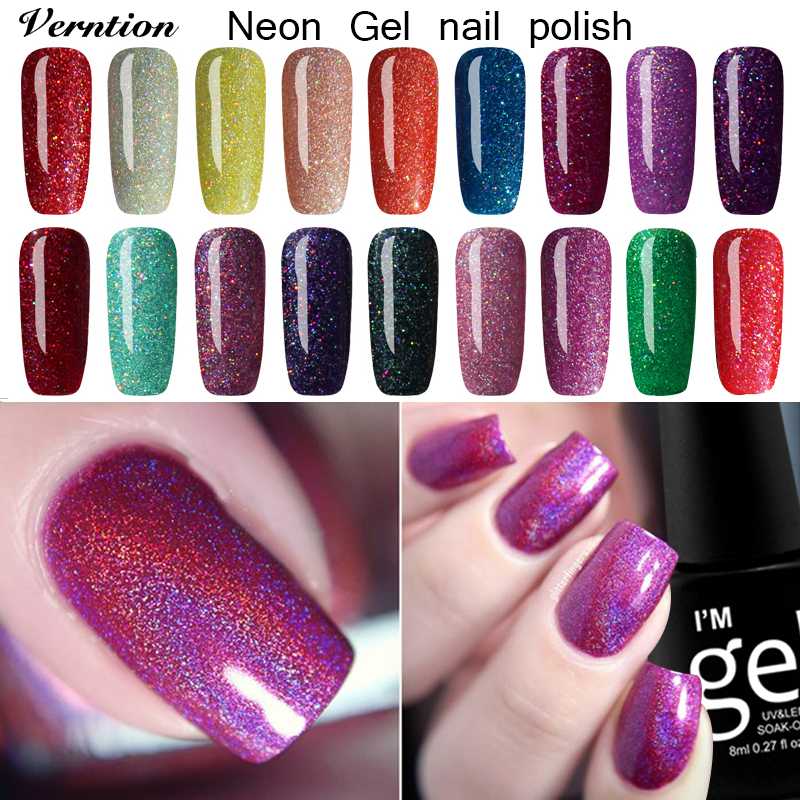 

Verntion Neon Glitter Gel Nail Polish Long Lasting Soak Off Long-lasting UV Gel Varnish Semi-Permanent Lucky Colors 19 Colors, Fs001