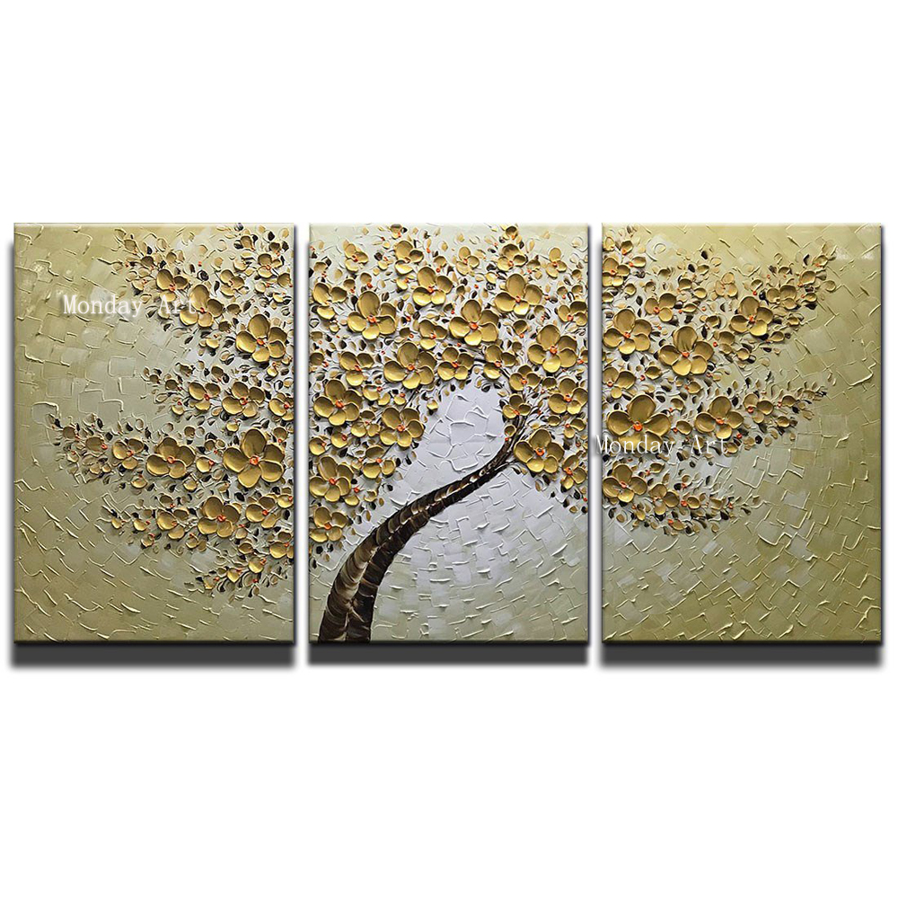 

Hand Painted Knife Gold flower Oil Painting Canvas Palette Painting For Living Room Modern flower tree picture Wall Art Pictures