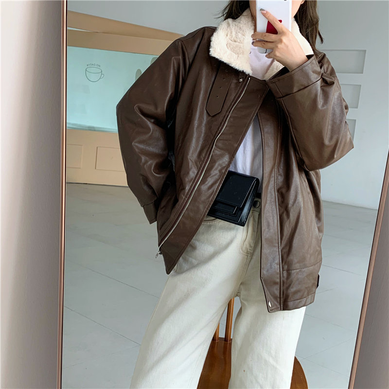 

Hzirip Chic Women High Waist All-Match Hot Thick Motorcycle Velvet PU Leather Jackets Cool Female Coat Fashion Women Outwear, Black