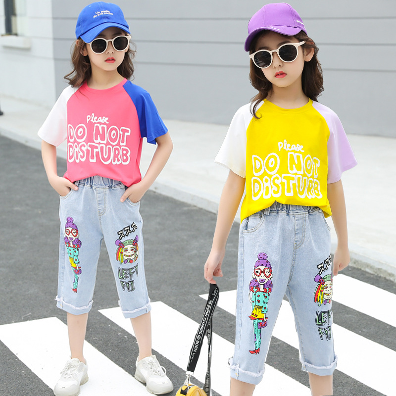 

22 Colors 4-14 Years Girls Clothes Sport Suit Set Summer Fashion Casual Short Sleeve T-Shirt + Jeans Children's Clothing Set, Color 15