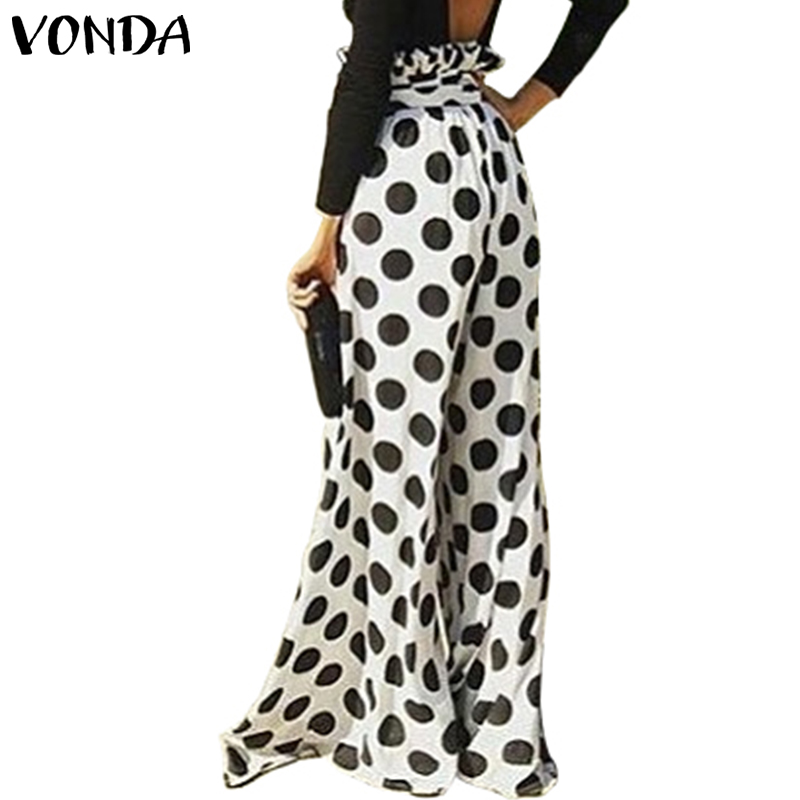 

2019 Autumn VONDA Women Pantalon Dot Print Long Loose Pants Elastic Waist Wide Leg Pant Streetwear Casual Office Trousers Plus, White