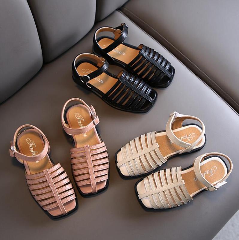 

Summer Kids Sandals for Girl Princess Flat Leather Shoes New Roman Solid Color Stripe Baby Girl Beach Sandals Black Beige Pink