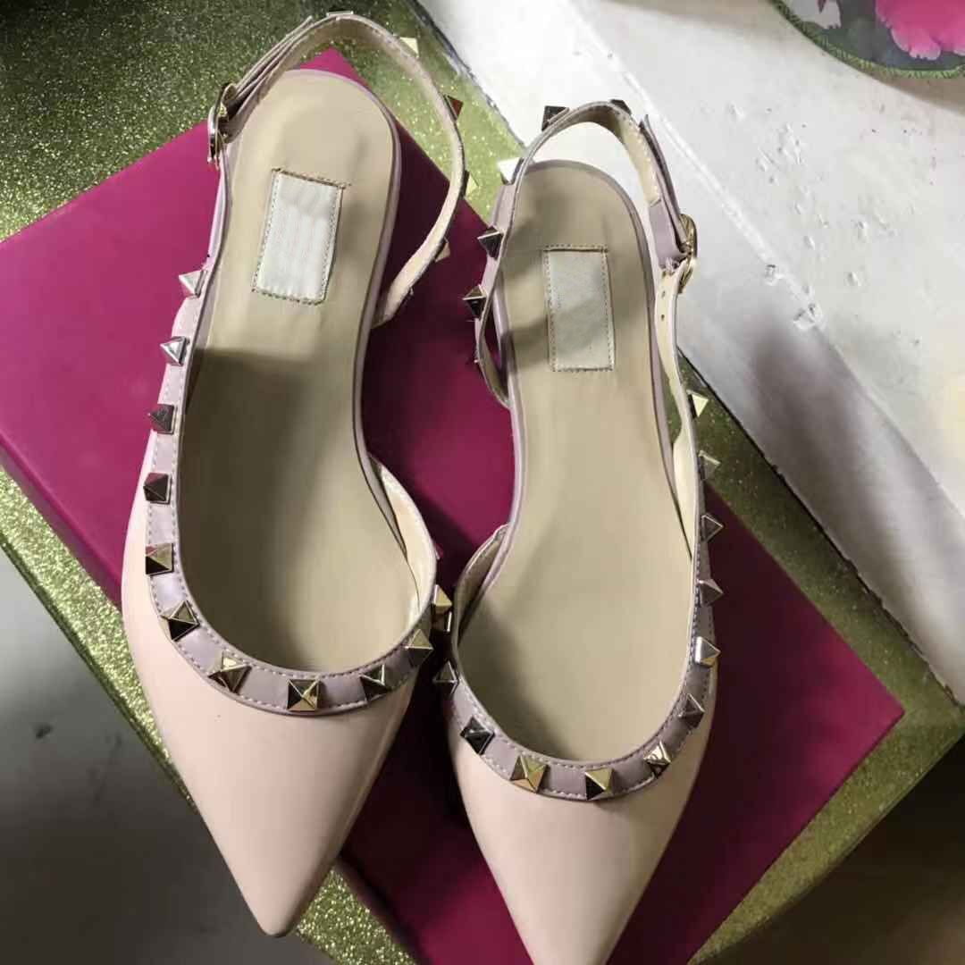 

European Classic Luxury Style Ladies'Sandals, gold Rivets, dress Slippers, Fashion Shoes, Flat Bottom and Bright Leather Making, White