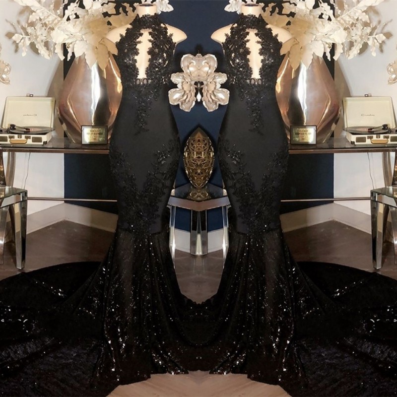 

New Sexy Shiny Prom Dresses Mermaid Black Sequins Lace Appliques Backless Evening Dresses Pregnant Party Gowns, Daffodil
