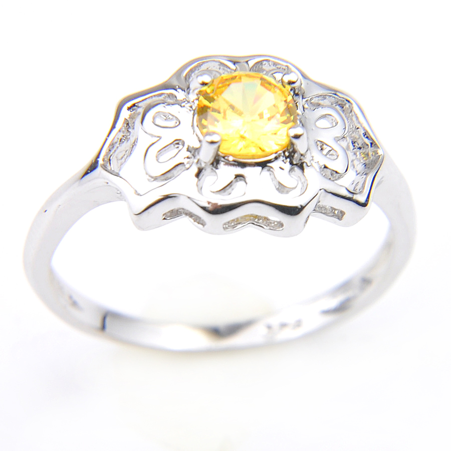 

Luckyshine Anniversary Gifts Yellow Citrine Zircon Rings 925 Silver Flower shape Women Engagement Party Rings Jewelry