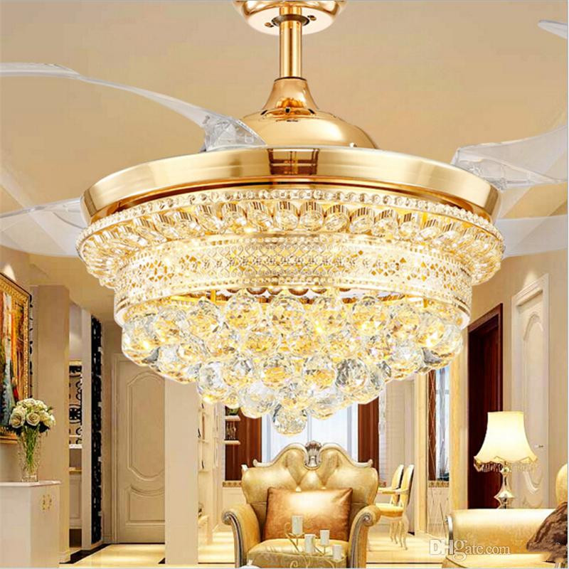 

42 inch LED Invisible ceiling fan light ceiling crystal fan light with remote control simple modern Retractable Belt Pendant lamp