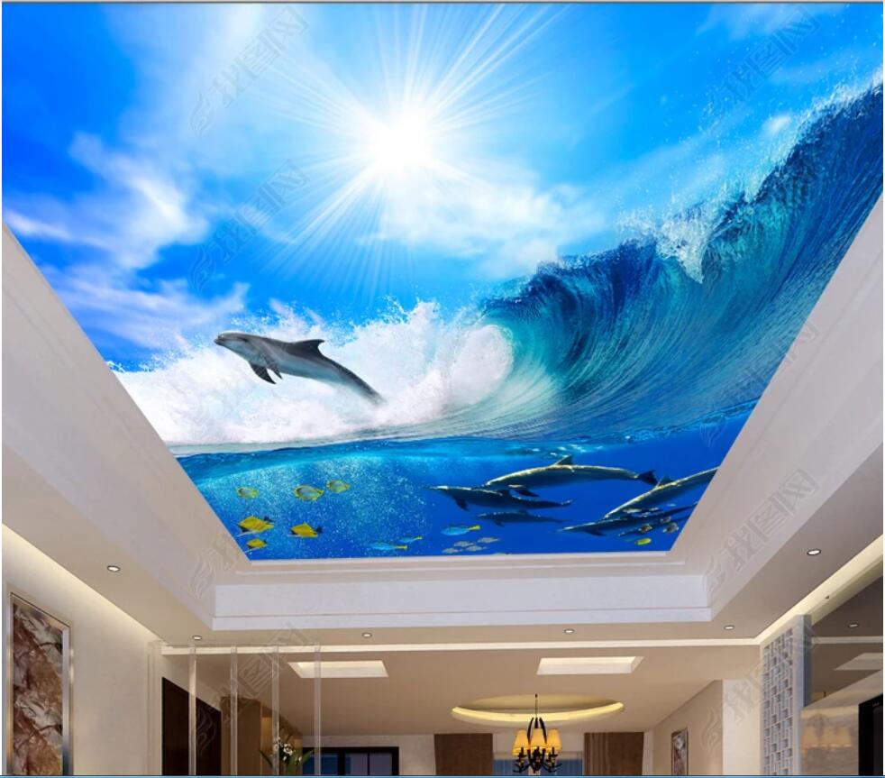 

3d ceiling murals wallpaper custom photo non-woven mural Wave dolphins, blue sky and white clouds, ceiling, zenith mural, Sky blue