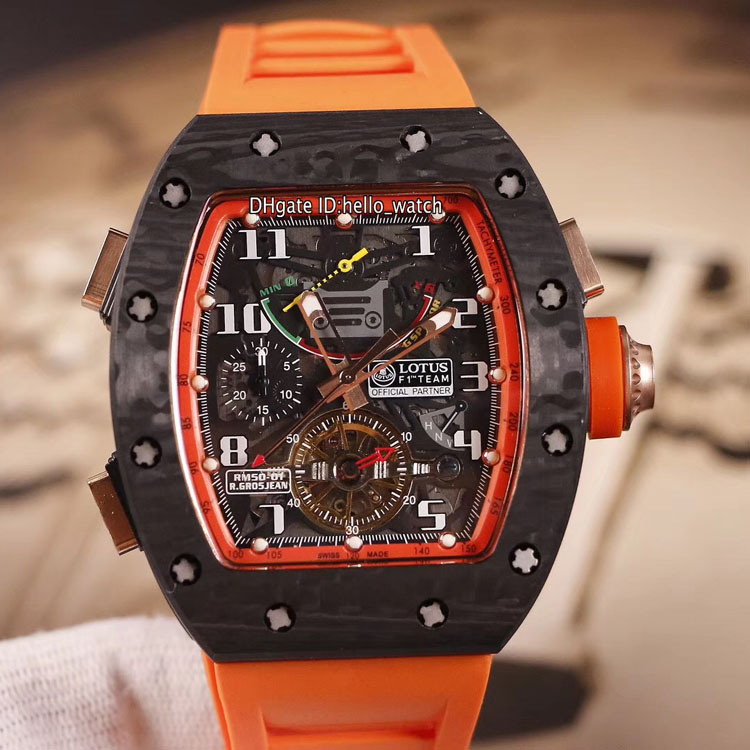 

New Carbon Fiber Case RM50-01 Lotus F1 Team Tourbillon Orange Inner Dial 50-01 Power Reserve Automatic Men's Watch Orange Rubber Watches, M-g06d (2)