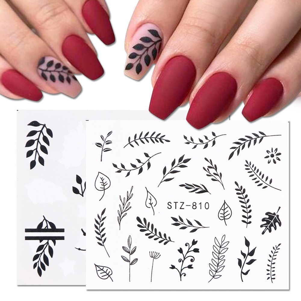 

Water Nail Stickers Decal Black Flowers Leaf Transfer Nails Art Decorations Slider Manicure Watermark Foil Tips, As the picture