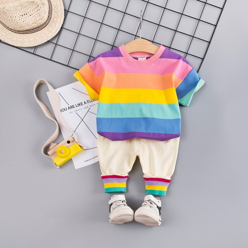 

Summer Baby Girls Boys Clothing Sets Toddler Infant Clothes Suits Cotton Rainbow T Shirt Strap Shorts 2Pcs Kids Children Costume, Lx caihong s