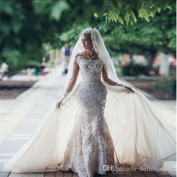 

Mermaid Lace Long Sleeve Sexy Vintage Cheap Country abiti da Wedding Bridal Gowns Guest Dresses Detachable Skirt Train With Beads 2019, Pink