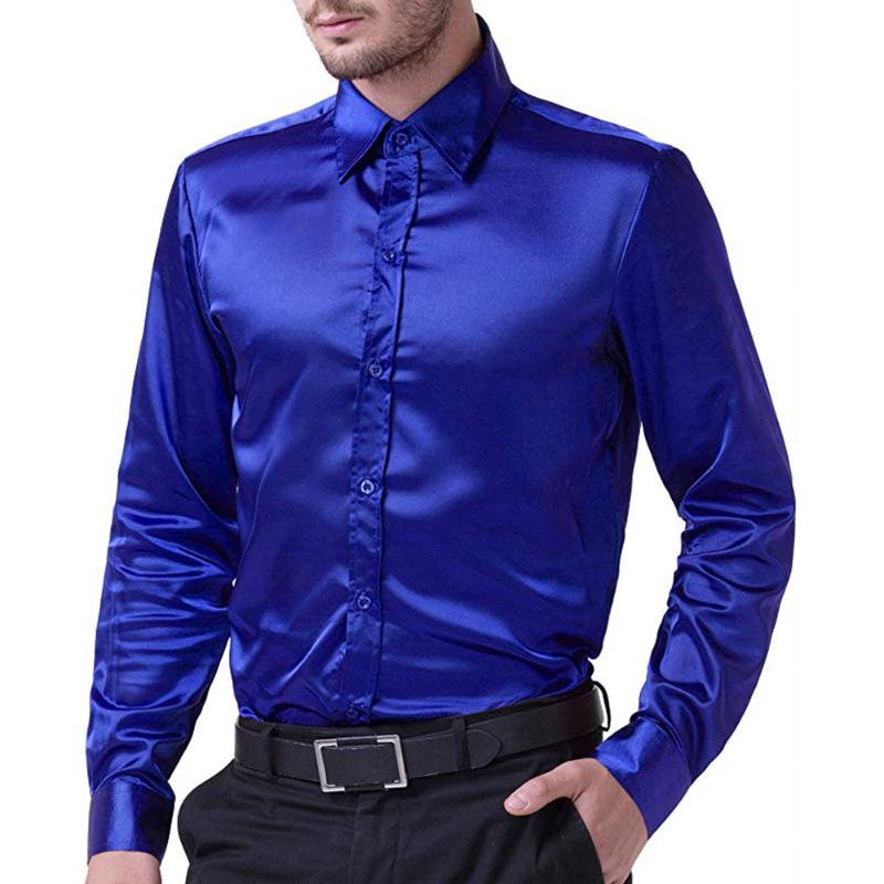 Mens Shiny Silk Feel Satin Shirts Gentlemen Smart Casual Business Solid Shirt Tops