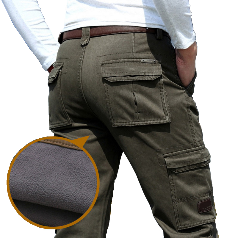 

Winter Plus Velvet Cargo Pants Warm Trousers Male Straight Loose Multi-pocket Casual Men's Thicken Fleece Army Green, Black