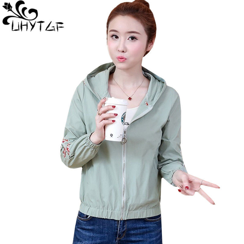 

UHYTGF Spring jacket womens fashion embroidered hooded Thin coat Baseball uniform Loose plus size coat Elegant Lady clothing 475, Sky blue