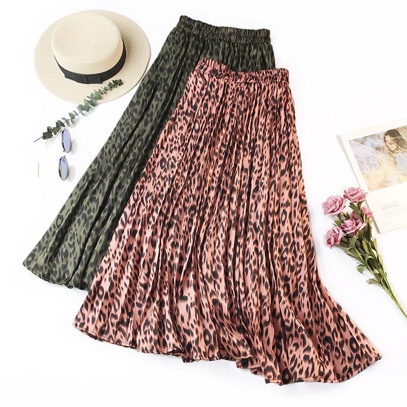 

Summer Women Casual Fashion Leopard Print Long Skirt Elastic Waist Pleated Silk Touch A-Line, Beige
