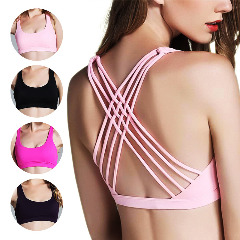 

Sexy Sports Bra Women Strappy Yoga Bras Padded Fitness Running Gym Shirt Push Up Brassiere Cross Back Sports Top Crop Sportswear, Deep purple