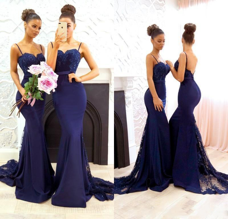 

Navy Blue Lace Satin Wedding Bridesmaid Dresses Long Sexy Backless Maid of Honir Dress Sweep Train Guests