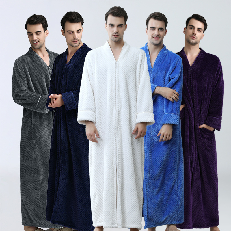 

Men's V-neck Nightgown Comfortable Thickened Double Zipper Bathrobe Pajamas Polyester Fiber Men's Casual Home Wear, Blue