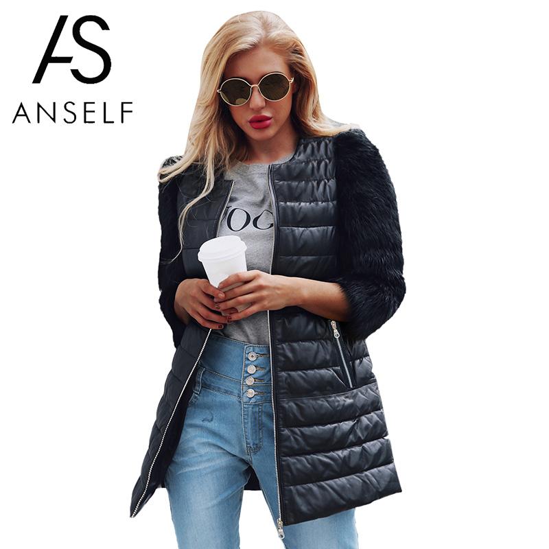 

Anself Women Faux Fur PU Long Coat Jacket 3/4 Sleeve Zip Front Side Pockets Oversized Coat Casual Down Jacket Overcoat Outwear, Black