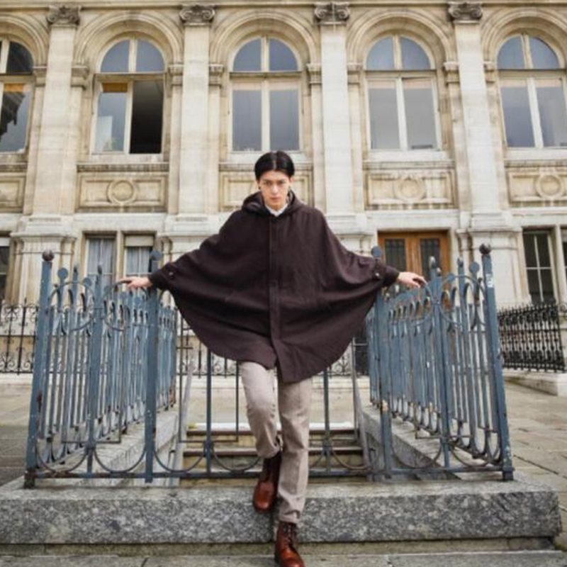 

Hooded cloak cloak long men's woolen coat men's coat bat sleeve Cape winter loose, Black