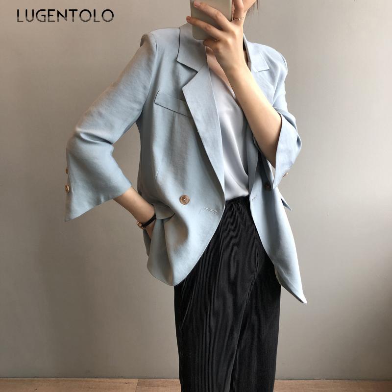 

Lugentolo Women Blazers Jackets Loose British Style Simple Summer Casual Jacket Korean Split Solid Lady Mid-length Blazers, White