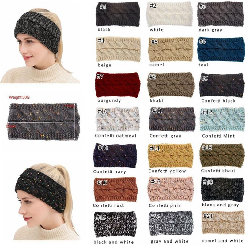 

21Colors Knitted Crochet wide Headband women Winter Sports Headwrap Hairband Turban Ear Warmer Ear Muffs ponytail hair accessaries ST683, With label logo
