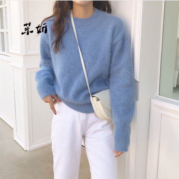 

Women Autumn Winter Sweater Long Sleeve O-neck Pullover Knittwear Korean Pure Casual Ladies Knitted Sueter Mujer Invierno 2019, Blue