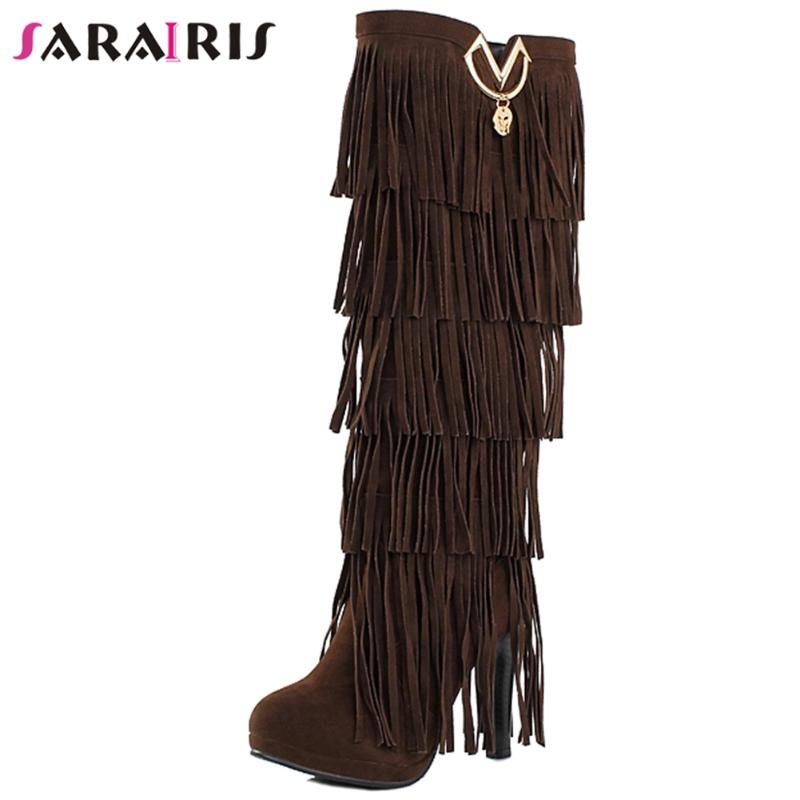 

SARAIRIS Female Round Toe Flock High Heels Boots 2020 Casual Wedding Office Boots Women Fringe Mid Calf Shoes Woman, Yellow add fur