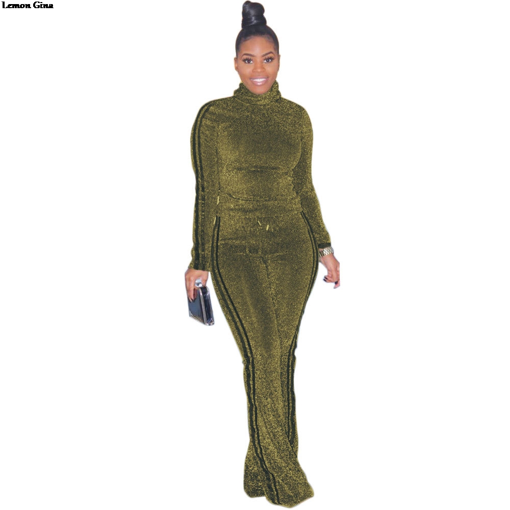 

Lemon Gina 2019 women gold silk long sleeve turtleneck straight bodycon pants suits two piece set vintage tracksuit outfit A6110, Army green